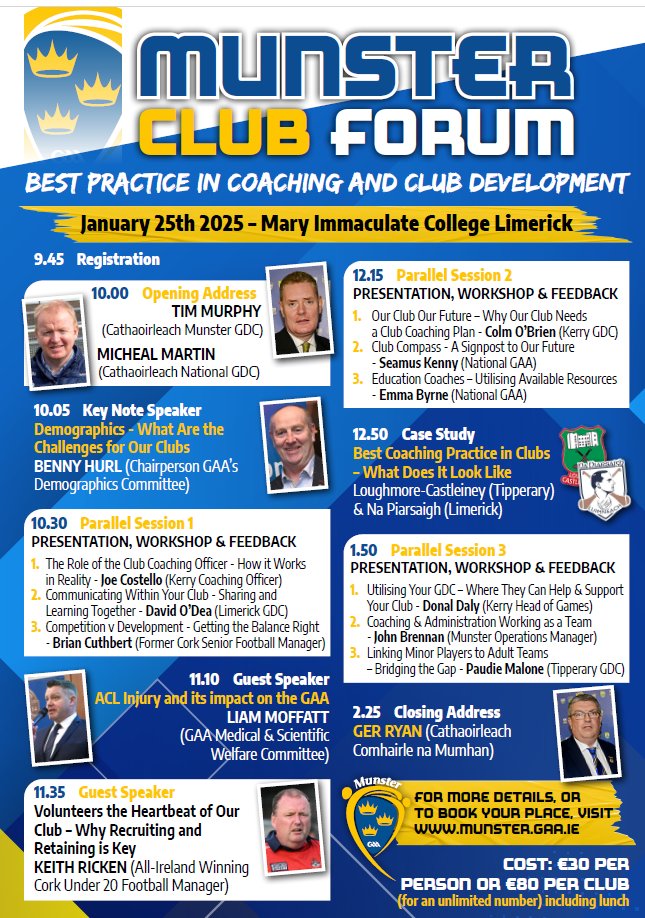 The 2025 Munster GAA Club Forum will take place on Saturday January 25th at Mary Immaculate College Limerick with an impressive line-up of topics and speakers.
munster.gaa.ie/event/2025-mun…
