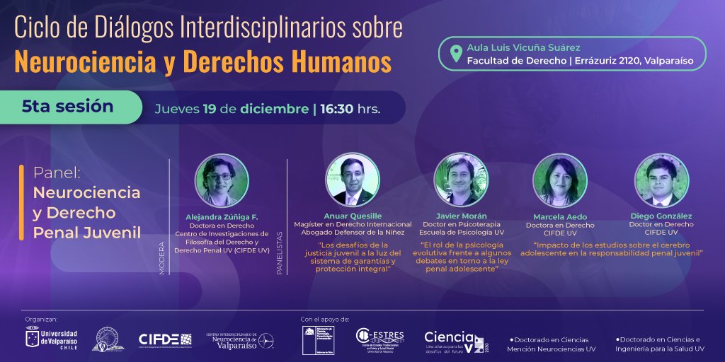 Jueves 19/12 cerramos el exitoso ciclo de diálogos interdisciplinarios sobre neurociencia y derechos humanos. La quinta y última sesión versará sobre neurociencia y derecho penal juvenil. Magníficos invitados. Cupos limitados. Inscripción y detalles: cifde.cl/2024/12/12/cic…