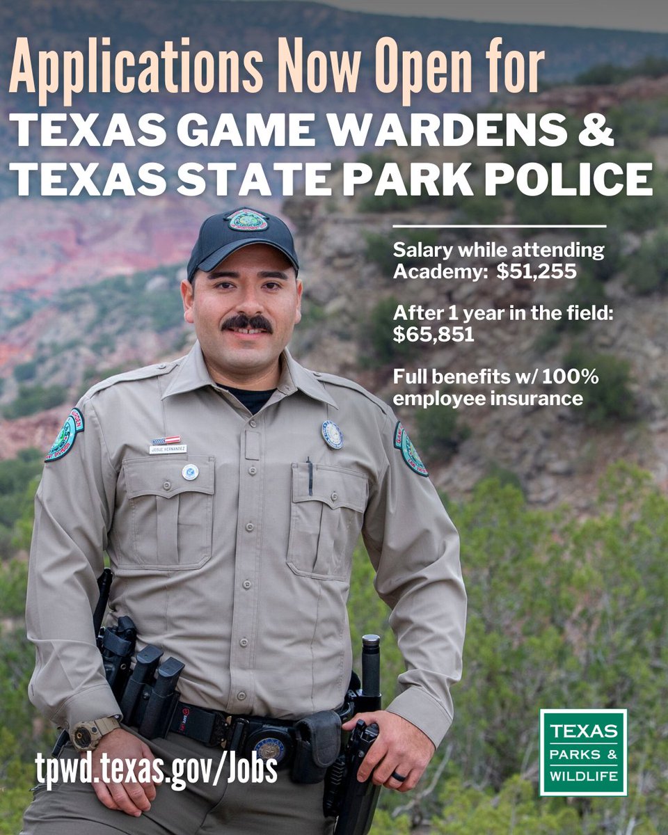 TPWDnews's tweet photo. LAST CALL!
We're accepting applications for @TexasGameWarden and @TPWDParksPolice through this Sunday.
👉🏽 Apply today at https://t.co/YGtqmV1gDG
#LawEnforcement #CoolJobs https://t.co/usj6slVlgc