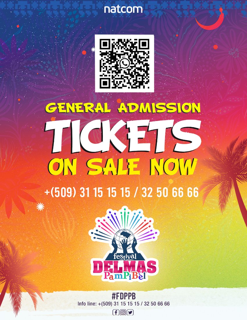 festdelmasppb's tweet photo. 🎟️ Les tickets pour le Festival Delmas Pam Pi Bèl 2024 sont disponibles ! 🎶✨
📅 Date : 21 Déc 2024
📍 Lieu : Palais Municipal de Delmas
💵 Prix : 1000 HTG
📞 Réservez dès maintenant au:
📱 31151515 / 32506666
#FestivalDelmasPamPiBèl #BilletsDispo #Delmas2024 #FDPPB #FDPPB24 https://t.co/YBKiQYJxXp