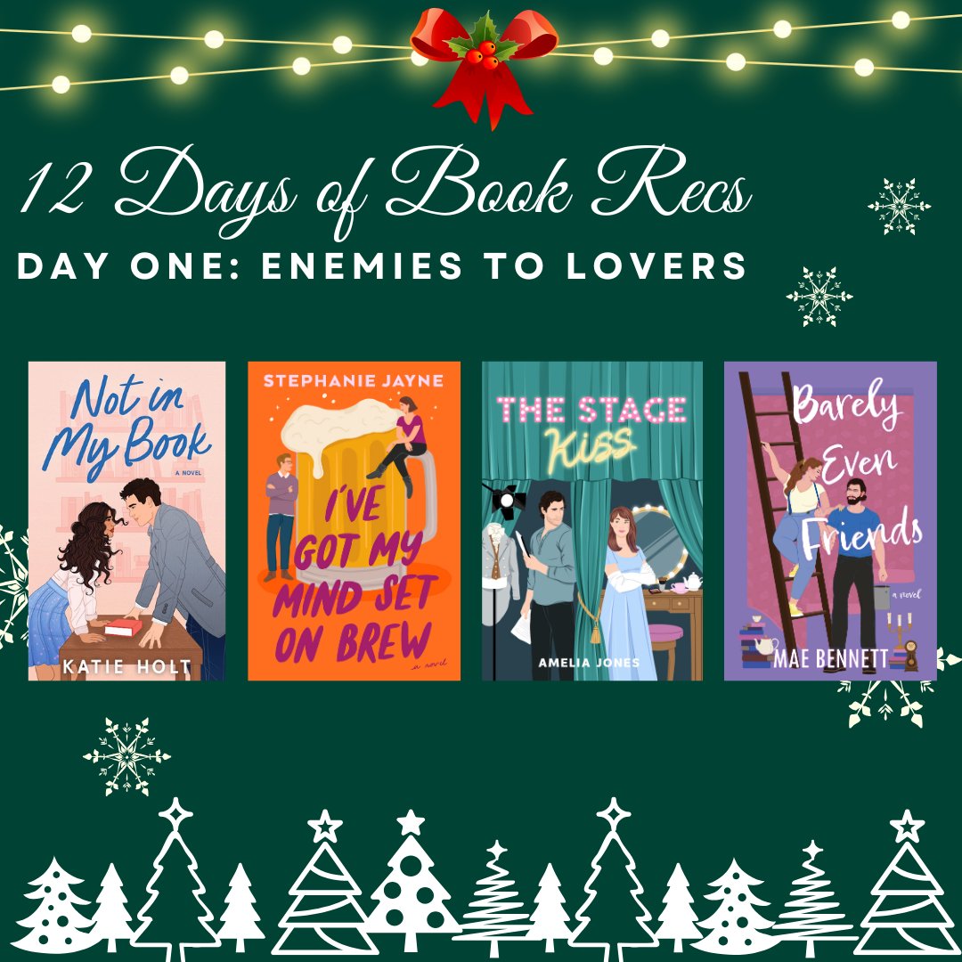 🎵On the first day of #bookrecs my true love gave to me, four enemies-to-lovers romances❄️!

💗NOT IN MY BOOK by Katie Holt
🍺I'VE GOT MY MIND SET ON BREW by @stephjaynebooks
😘THE STAGE KISS by <a href="/ameliajowrites/">amelia jones THE STAGE KISS is out now!</a>
💜BARELY EVEN FRIENDS by <a href="/twiceuponabook1/">Mae Bennett🧣</a>