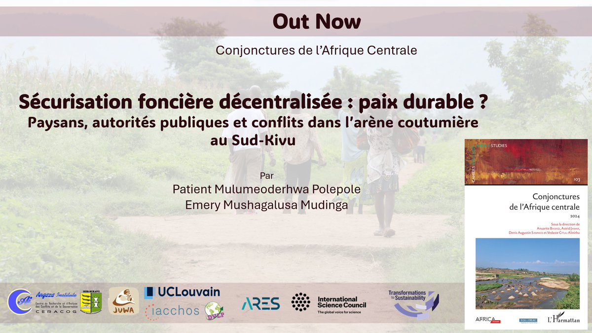 📢#OutNow #SecTenSusPeace "Sécurisation foncière décentralisée: paix durable ? Paysans, autorités publiques &amp; conflits dans l’arène coutumière au Sud-Kivu" de <a href="/PolepolePat/">Patient M. Polepole 🇨🇩 🕊️</a> &amp; Prof <a href="/EmeryMudinga/">Dr. Emery Mudinga</a> vient de paraître dans #Conjonctures de l'Afrique centrale 2024 co-édité par <a href="/CAlinirhu/">Vedaste cituli alinirhu</a>