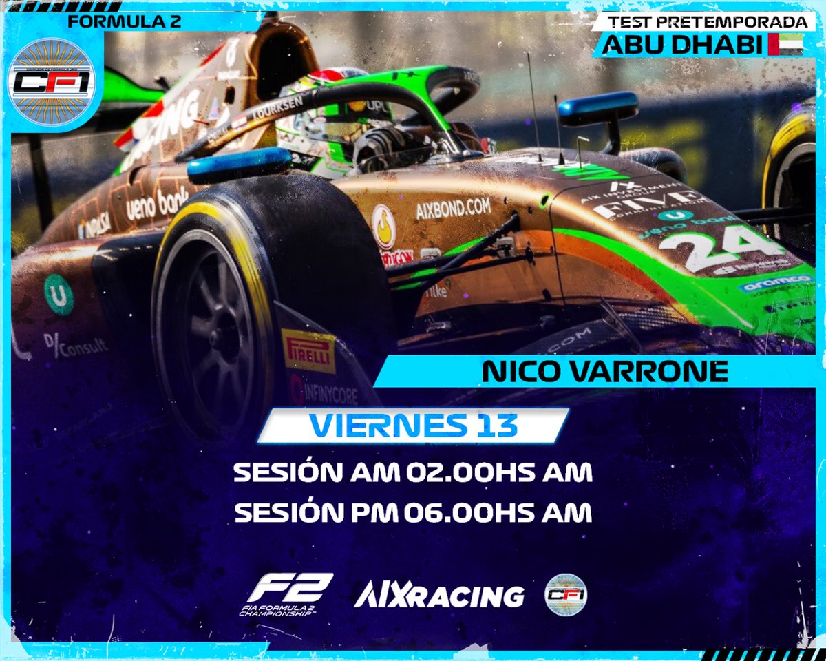 Corazondef1's tweet photo. 🔵⚪🔵NICO VARRONE "Se viene el gran día"

🏎️Mañana @NicoVarrone se sube al F2 de AIX Racing y estos son los horarios

⏱️No habrá televisación, solo live timing en la pagina de la F2

#Varrone #F2 https://t.co/wSBSdr7kM2