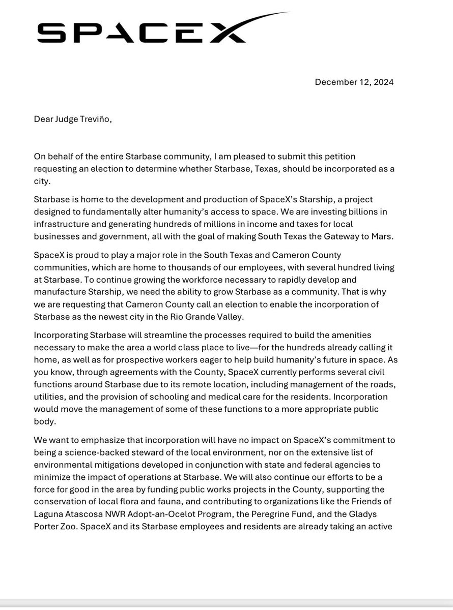 jessica_kirsh's tweet image. SpaceX submits letter to Judge Treviño asking to officially incorporate Starbase, Texas, as its own city.