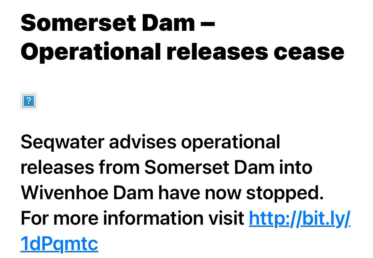 Why is <a href="/Seqwater/">Seqwater</a> now keeping actual release times from Somerset &amp; Wivenhoe Dams secret from the public? Until recently they advised when releases actually commenced but now just “planned for the next 48 hours”.  Then when they’ve stopped. The public should be properly informed.