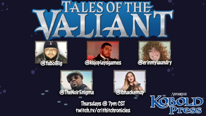 We are LIVE! Come tune in to The Tales of the Valiant!

@yaboibig <a href="/_erinmylaundry/">erin is a 🆂🅸🅽🅽🅴🆁 🔜 #PaxU 🇵🇸</a> @lbhackemup @thenoirenigma

twitch.tv/crithitchronic…

#5e #ttrpg #dice #CritHitChronicles #voiceacting #actualplay #dnd