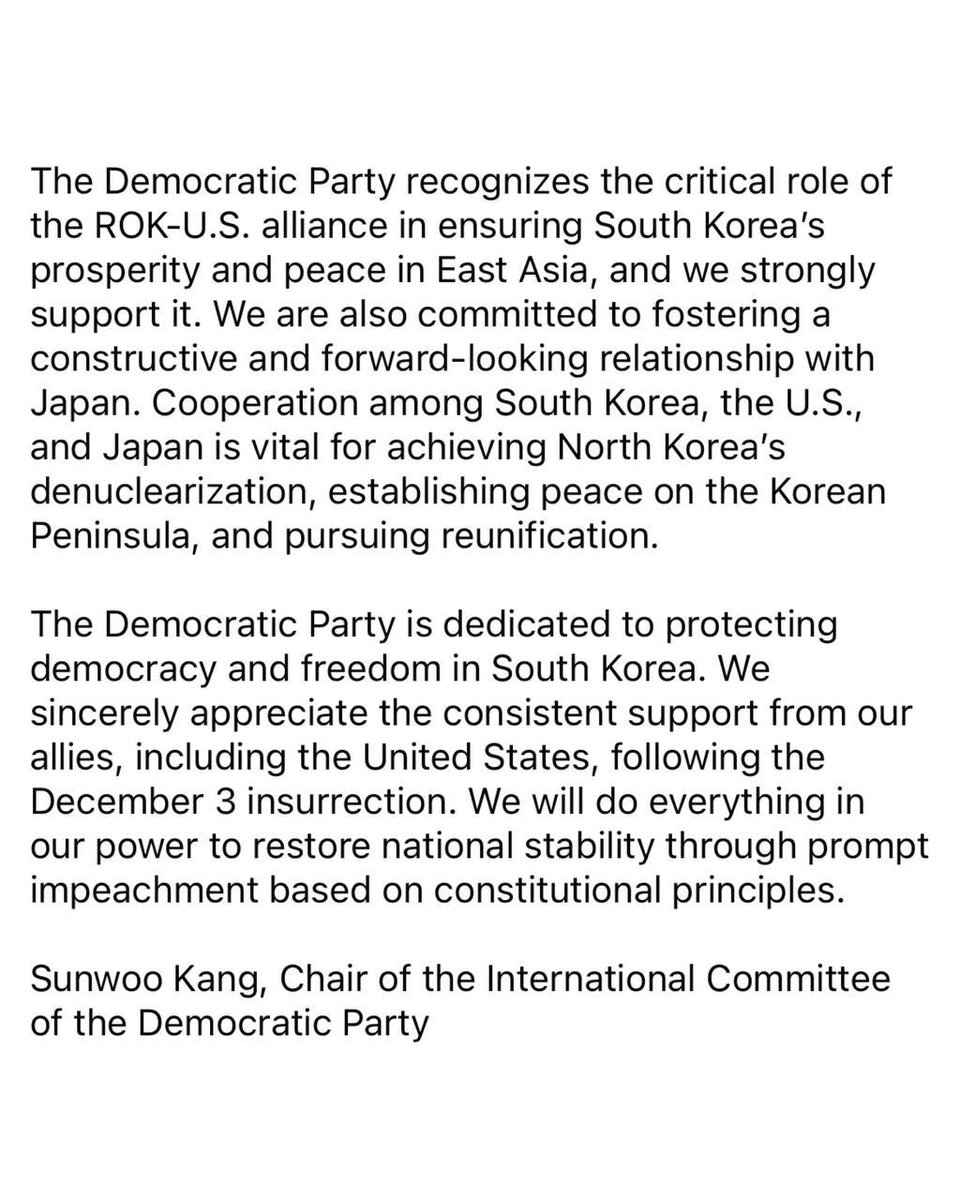 < The Democratic Party is committed to swiftly stabilizing the situation surrounding the insurrection led by Yoon Suk Yeol, while upholding the strong ROK-U.S. alliance. >
