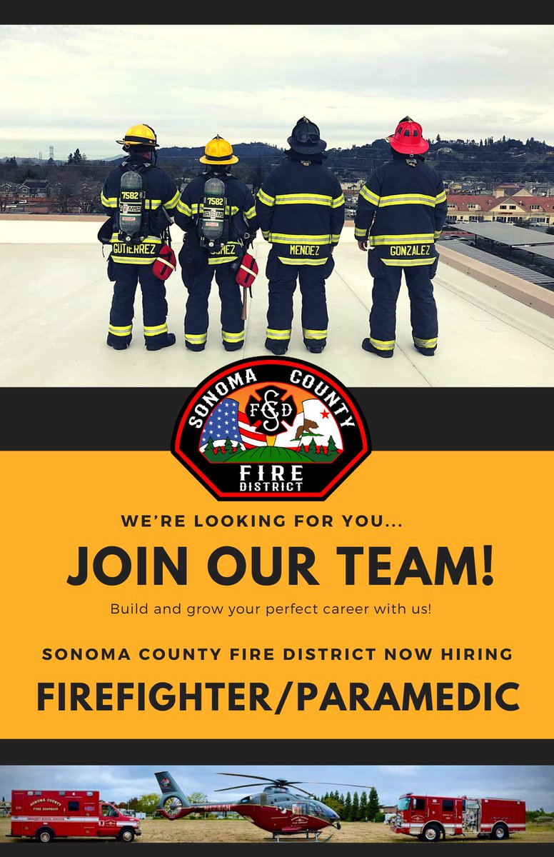 👀 𝐖𝐞’𝐫𝐞 𝐥𝐨𝐨𝐤𝐢𝐧𝐠 𝐟𝐨𝐫 𝐲𝐨𝐮! Join our team as a Firefighter/Paramedic! 🚒 SCFD invites you to come be part of our team, #NowHiring for Firefighter/ Paramedic apply through Jan. 31, 2025! sonomacountyfd.org/now-hiring-fir… #sonomacountyfiredistrict