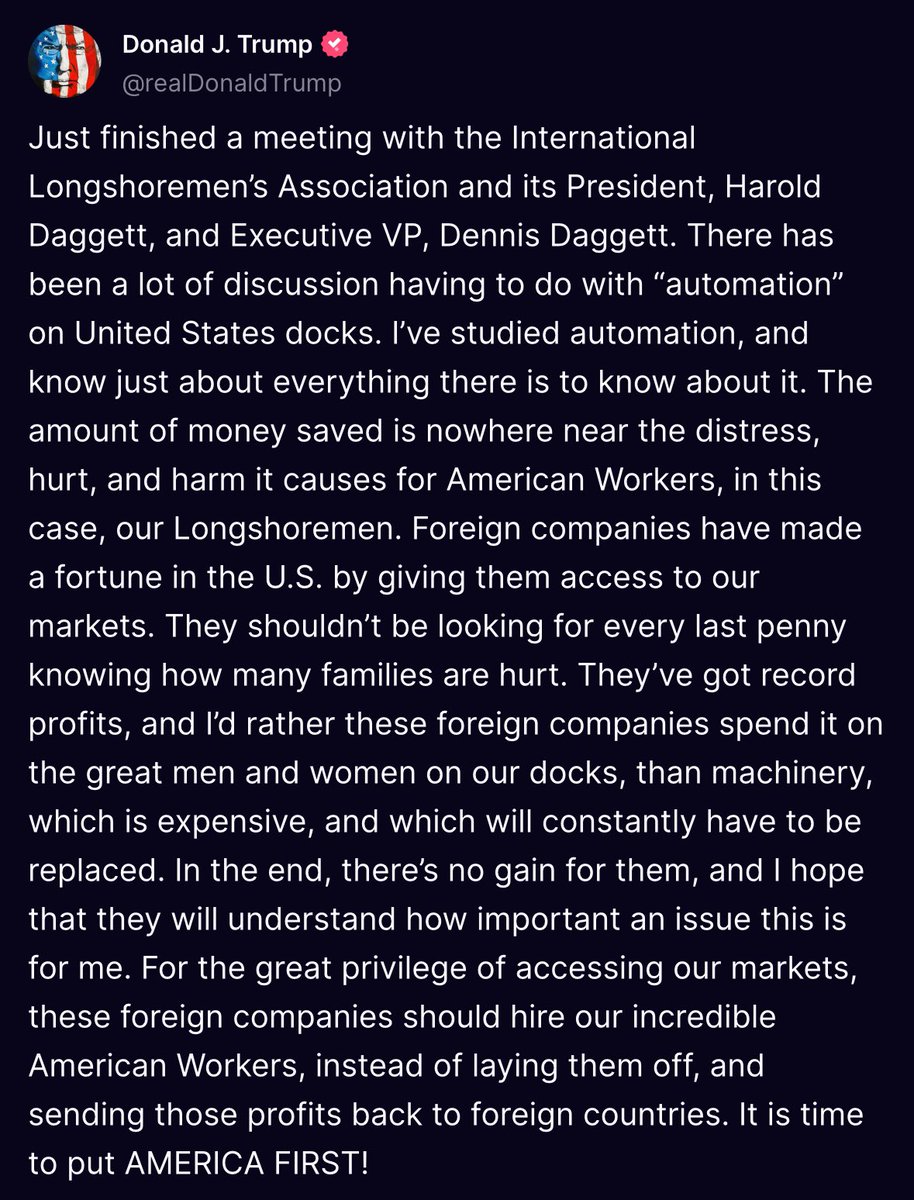 johnnymaga's tweet photo. 🚨 BREAKING: Trump makes a statement on dock automation at U.S. ports: https://t.co/mhwsy0cSsq