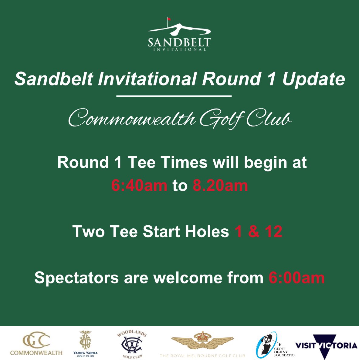 SandbeltInv's tweet photo. Weather Update 👉 With temperatures set to rise for Round 1 on Monday, December 16th, we’ve made some adjustments to the tee times. Join us at @commonwealthgolfclub for all the action!
#sandbeltinvitational #visitvictoria #visitmelbourne #everybitdifferent https://t.co/yiCNaDfUn0