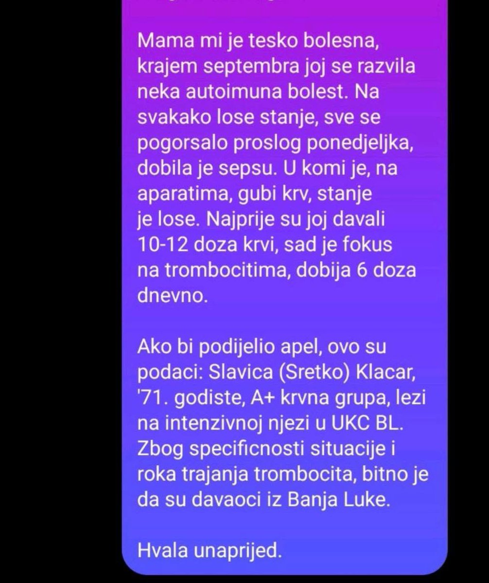 Ako ima neko iz Banjaluke A+ krvna grupa, riječ je o <a href="/slavka1771/">slavka71</a>
