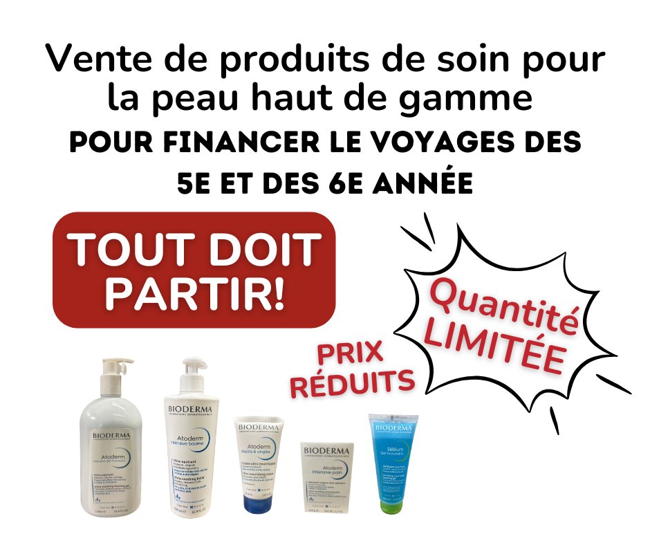 Il nous reste encore beaucoup de bons produits Bioderma. Il faut que tous ces produits partent avant le début des vacances. 
Il faut venir les chercher dans les heures d'école. 
8h00 à 1545.
La vente de ces produits va directement au financement de nos voyages de fin d'année!