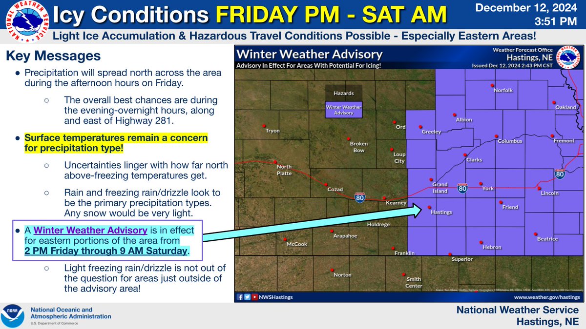 NWSHastings's tweet image. A Winter Weather Advisory has been issued for portions of south central Nebraska along/east of Highway 281, where best potential for light icing exists. Prepare for slick conditions as the afternoon passes on Friday into the evening/overnight hours! #newx #kswx
