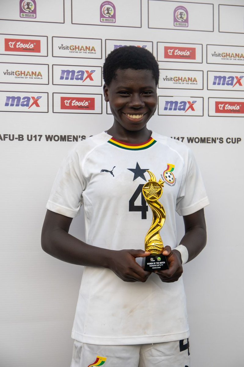 Christiana Ashiaku won The Player Of The Match Award for her superb performance for Ghana Black Maidens in their 4:1 win over Benin in the WAFU ZONE B GIRLS CUP played at Prampram.
She scored a hat-trick ⚽⚽⚽