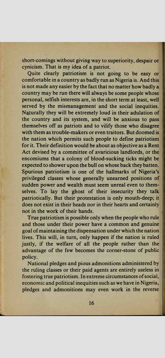 's tweet image. This is what chinua achebe said about “patriotism”. This may be the best you will ever read on the subject.

Everybody needs to read this.