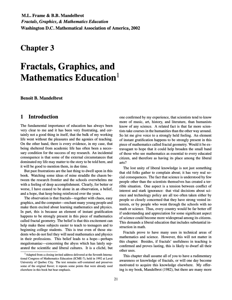 alexbilz's tweet photo. 'Fractals, Graphics, and Mathematics Education' - Benoit B. Mandelbrot (2002, PDF): 
https://t.co/KVffLlLcP2