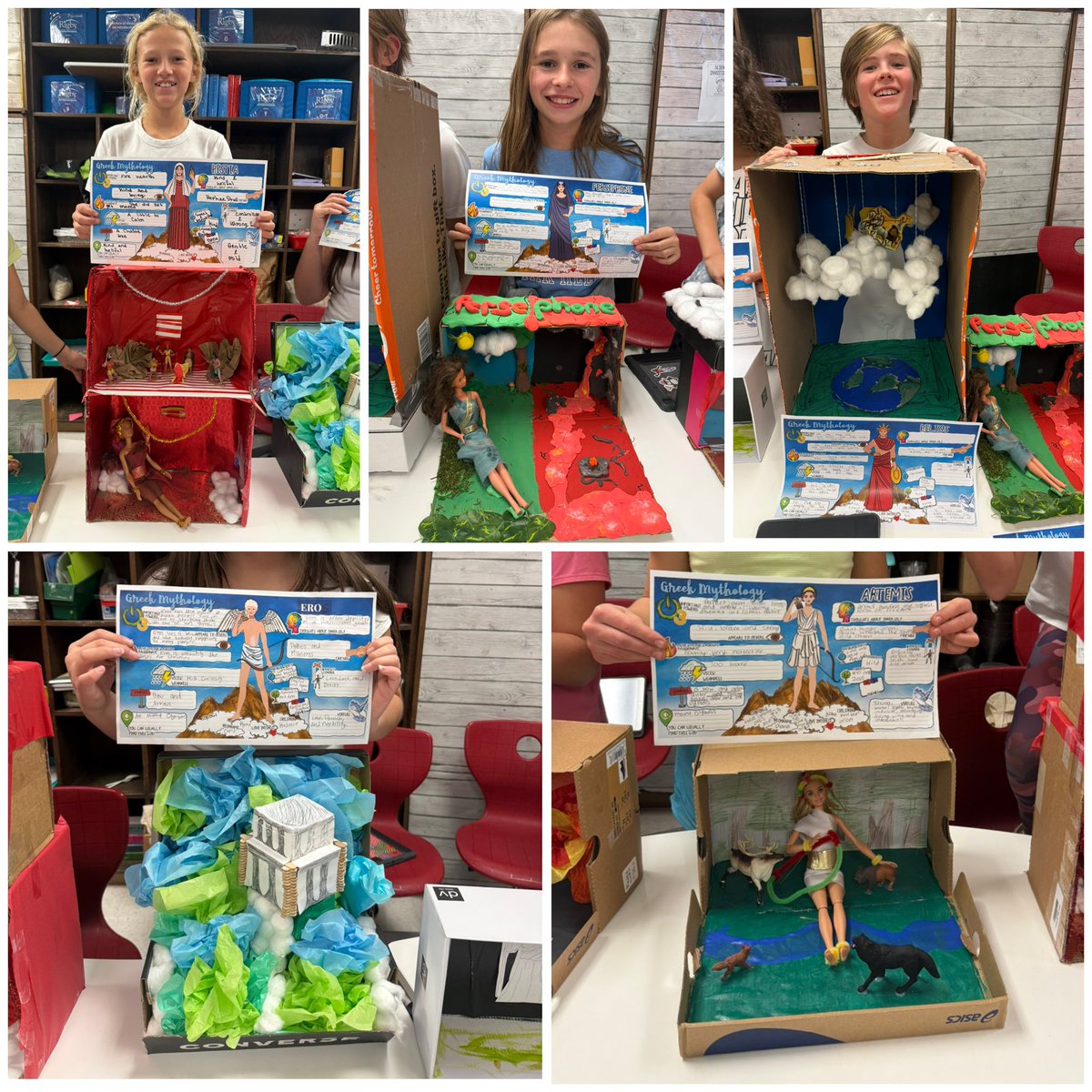 AntuSenor's tweet photo. We closed out our Greek Mythology unit with a scavenger hunt. The students researched and designed a diorama of their selected god or goddess in their home setting. I’m super impressed with their creativity! 💙💛#FunInFifth @Cambridge_AH @AHISD https://t.co/PXkCga5TIu