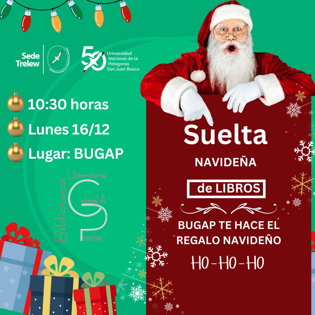 bugap's tweet photo. Porque sabemos que les encantan las sueltas de libros, tenemos la última del 2024 ¡Suelta Navideña! 

 ¿Cuándo? el lunes 16 de Diciembre

 ¿A qué hora? a partir de las 10:30 (hasta agotar stock)

 ¿Dónde? en las instalaciones de la BUGAP

 ¡Los esperamos, no se lo pierdan! https://t.co/sPeisPm601