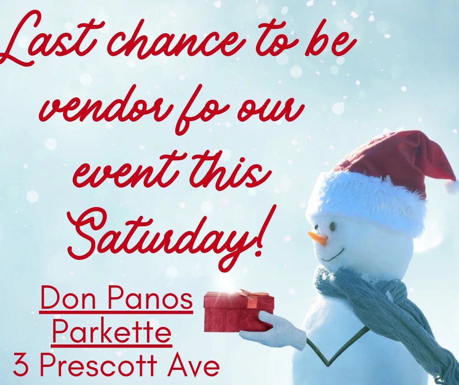 Calling all vendors! Time is running out to be a vendor for our Frosty the Snowman Festival! This event will occur on Saturday, December 14th at Don Panos Parkette from 12PM to 3PM.  

To register, contact Rose Capocci at 416-358-0906 or rcapocci@hotmail.com.