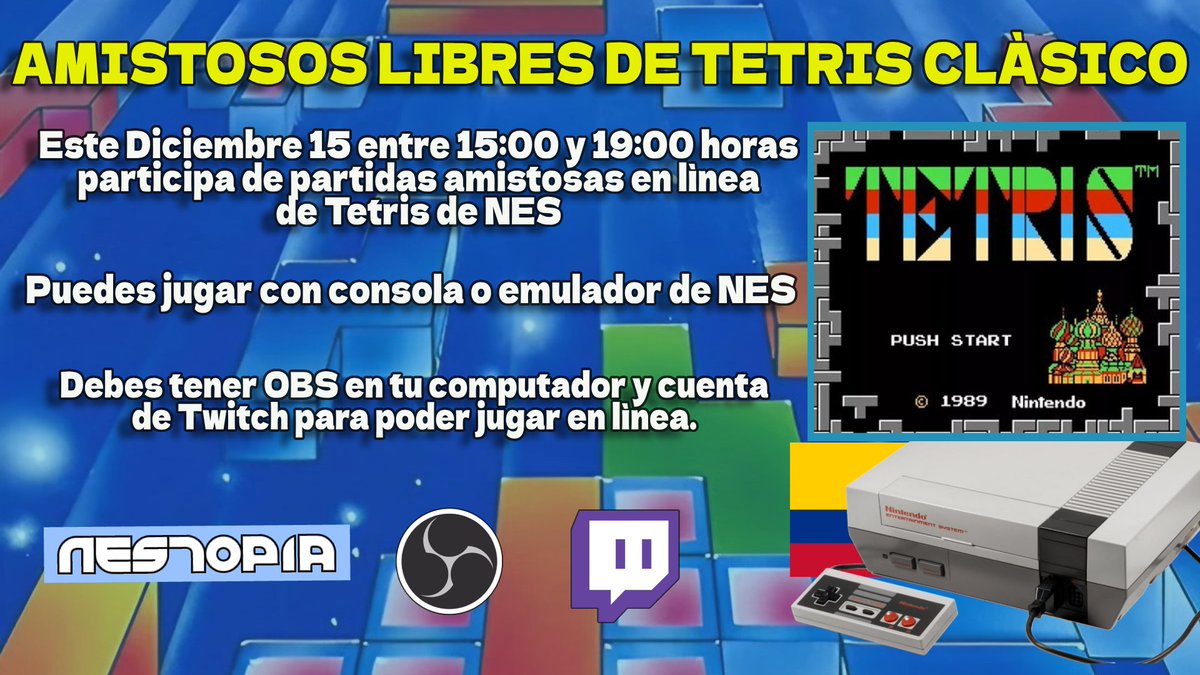 TetrisCol's tweet photo. ¡Este domingo, 15 de diciembre, tendremos partidas amistosas de Tetris Clásico! Desde las 3 hasta las 7 de la tarde, estaremos stremeando en nuestro canal de Twitch. 

Si estás interesado, puedes unirte a nuestro server de discord. ¡Link en nuestro perfil! 😄 https://t.co/0LAoztAQ1C