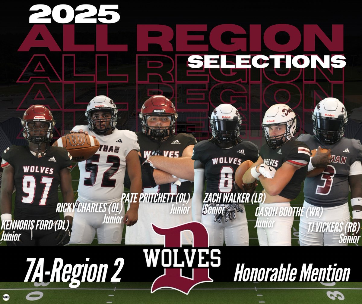 Congrats to these players on being selected to the Region 7A-2 All-Region #MYUT

Honorable Mention
Cason Boothe WR Jr
Pate Pritchett OL Jr
Zach Walker LB Sr
KenNorris Ford DL Jr
TJ Vickers RB Sr