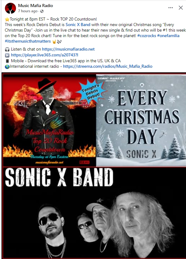 Sonic X (@sonicxband) on Twitter photo Tune into <a href="/MusicMafiaRadio/">Music Mafia Radio</a> tonight at 8pm EST as they Debut our new original Christmas song "Every Christmas Day"... Join the chat room and share your thoughts! Lots of great music and artists on this awesome station! See you there! Links below!
Tune in: musicmafiaradio.net Tune into <a href="/MusicMafiaRadio/">Music Mafia Radio</a> tonight at 8pm EST as they Debut our new original Christmas song "Every Christmas Day"... Join the chat room and share your thoughts! Lots of great music and artists on this awesome station! See you there! Links below!
Tune in: musicmafiaradio.net