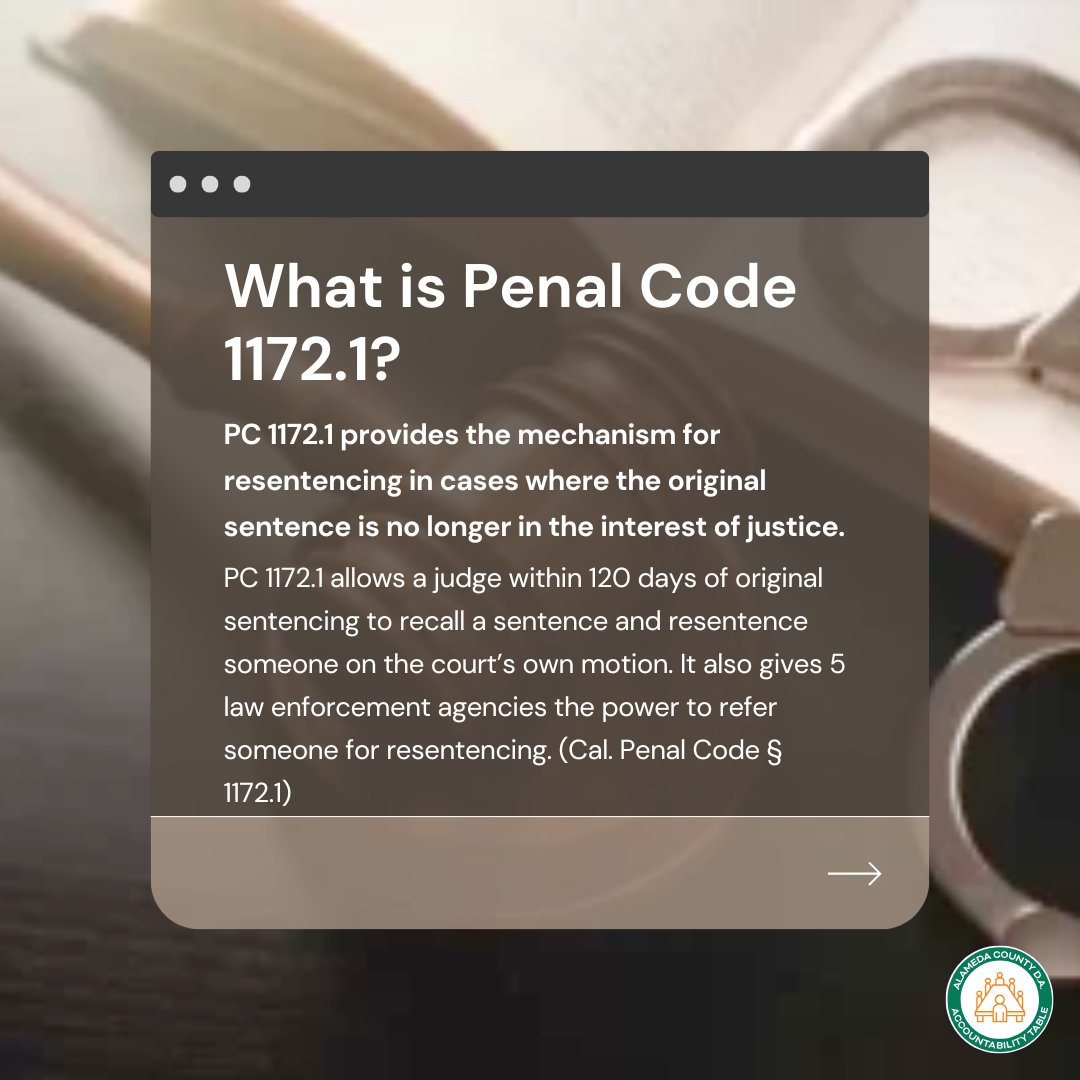 ACDAATable's tweet photo. Resentencing is a sentence modification. In California, the CA Dept of Corrections &amp; Rehabilitation, Board of Parole Hearings, the District Attorney, the Attorney General, and the County Sheriff can refer someone who is currently incarcerated for resentencing. #criminaljustice https://t.co/AvuRIyizvr