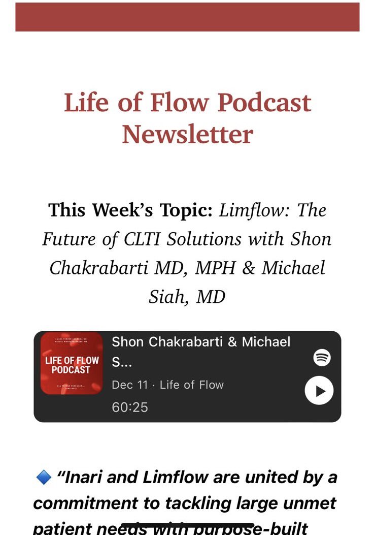 Life of Flow | Vascular Surgery Podcast (@vascularpodcast) on Twitter photo Read this weeks newsletter on “<a href="/CLI_LimFlow/">LimFlow</a>, by <a href="/InariMedical/">Inari, now part of Stryker</a>, the future of CLTI solutions with Shon Chakrabarti MD MPH and Michael Siah M.D (at <a href="/UTSWMedCenter/">UT Southwestern Medical Center</a>)”. Sign up below to get newsletter updates every Thursday!
lifeofflowpodcast.ck.page/f90fc11747 Read this weeks newsletter on “<a href="/CLI_LimFlow/">LimFlow</a>, by <a href="/InariMedical/">Inari, now part of Stryker</a>, the future of CLTI solutions with Shon Chakrabarti MD MPH and Michael Siah M.D (at <a href="/UTSWMedCenter/">UT Southwestern Medical Center</a>)”. Sign up below to get newsletter updates every Thursday!
lifeofflowpodcast.ck.page/f90fc11747