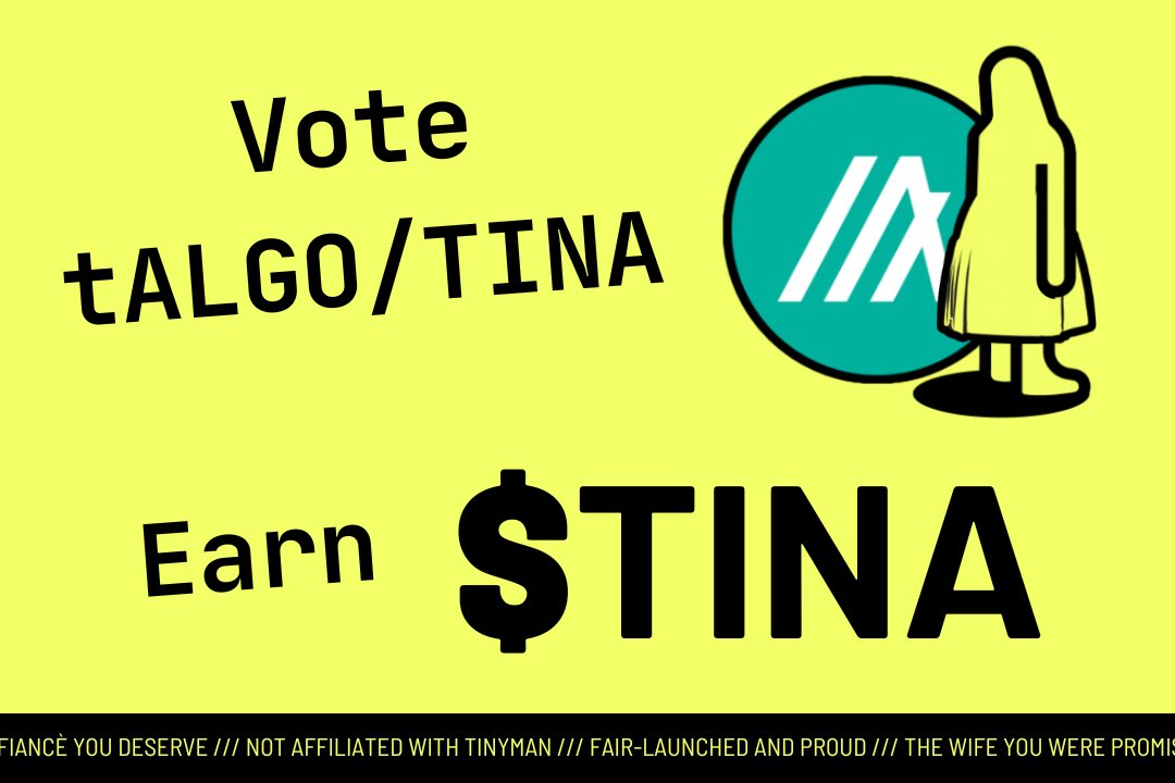 tinywomanorg's tweet photo. 🗳️ Phase 2: Voting Rewards 🪂

After the initial farming phase, the rewards continue.

- Reward:  5B $TINA will be distributed between TINY governors who use their power to vote for tALGO/TINA

- How it works:  Visit https://t.co/QXVSRtdWrj and delegate at least 100 TINY power to the tALGO/TINA pool*, rewards will be split proportionately between eligible voters 1-3 days after voting period ends

* You must lock $TINY to receive TINY power before the voting period begins to participate in the vote