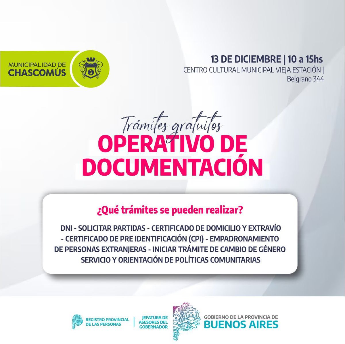 🪪 | OPERATIVO DE DOCUMENTACIÓN

Llega a Chascomús una jornada para acceder a distintos trámites de documentación de manera fácil y gratuita!

👉 DNI 
👉 Partidas de nacimiento
👉 Certificado de domicilio y extravío

📆 Viernes 13 | 10 a 15h
📍CCM Vieja Estación | Belgrano 344