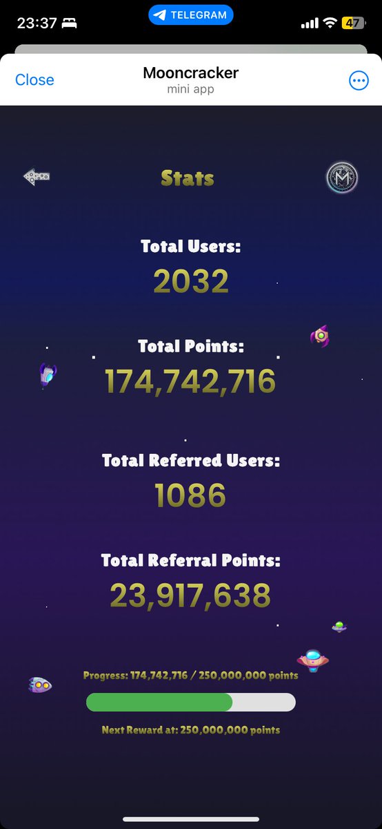 OVER 2000 USERS 🥳

Thanks to everyone again!

We’ll be launching the V2 of the app in the next days and we couldn’t be happier 🦾

Get ready for rewards, new features, and making money while having fun with friends 🚀

#taptoearn #cryptogaming #mooncracker #btc #Crypto
