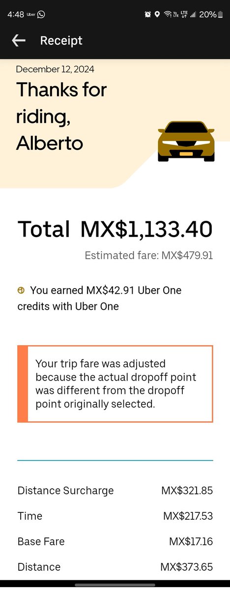 AlbertoCGtz's tweet photo. @Uber_MEX el chofer de mi último viaje no lo terminó después de dejarme en el destino y me cobraron $650 pesos demás. https://t.co/X4LUPYBci3