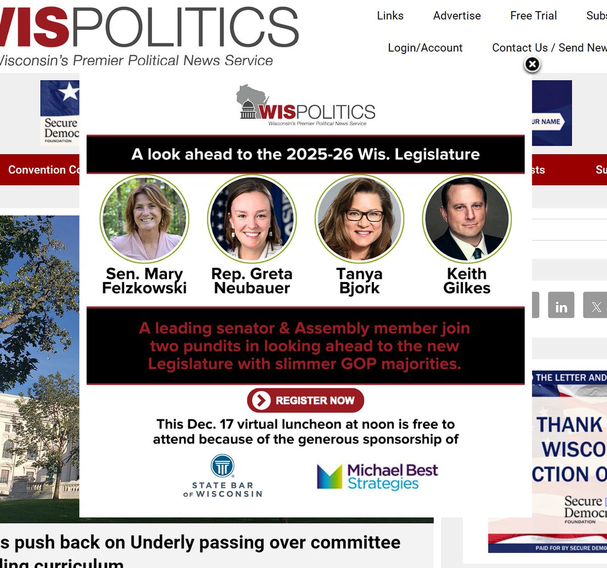 Jeff Mayers (@wispolitics1) on Twitter photo Sign up now for Tuesday's .@wispolitics free virtual program looking ahead to the new Legislature w <a href="/MaryFelzkowski/">Senator Mary Felzkowski</a> <a href="/RepGreta/">Representative Greta Neubauer</a> plus pundits Tanya Bjork, Keith Gilkes of <a href="/PlatformWI/">Platform Communications</a> THANKS <a href="/StateBarofWI/">State Bar of Wisconsin</a> <a href="/MBestStrategies/">Michael Best Strategies</a> REGISTER: us02web.zoom.us/webinar/regist… Sign up now for Tuesday's .@wispolitics free virtual program looking ahead to the new Legislature w <a href="/MaryFelzkowski/">Senator Mary Felzkowski</a> <a href="/RepGreta/">Representative Greta Neubauer</a> plus pundits Tanya Bjork, Keith Gilkes of <a href="/PlatformWI/">Platform Communications</a> THANKS <a href="/StateBarofWI/">State Bar of Wisconsin</a> <a href="/MBestStrategies/">Michael Best Strategies</a> REGISTER: us02web.zoom.us/webinar/regist…