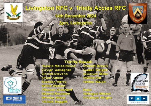 Next Match:
Livingston RFC v  Trinity Accies RFC
Saturday 14th December
2pm, Livingston