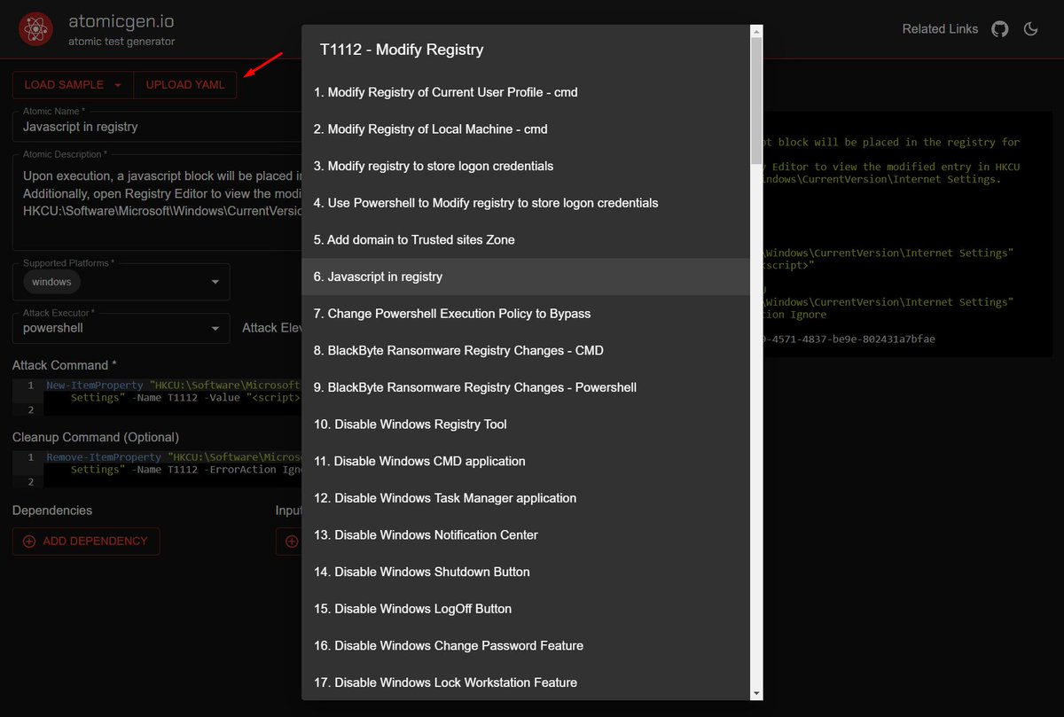 krdmnbrk's tweet photo. What’s new on https://t.co/w5pimqLYqo?

🧪 Explore a collection of sample attack tests, different levels.
📂 Upload YAML files, whether it’s a single test or a whole MITRE technique file.
☀️ "Dark Mode? Not my style." Good news: Light Mode is now available!
#AtomicRedTeam https://t.co/jgSQtRQsFl