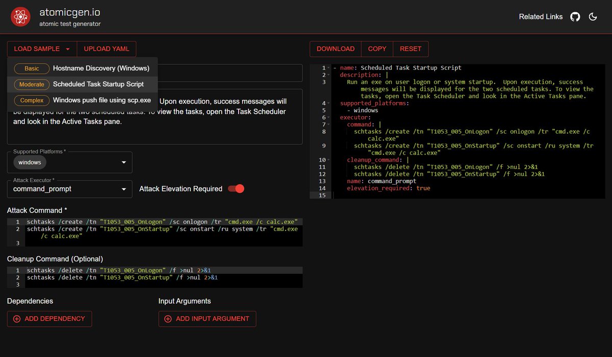 krdmnbrk's tweet photo. What’s new on https://t.co/w5pimqLYqo?

🧪 Explore a collection of sample attack tests, different levels.
📂 Upload YAML files, whether it’s a single test or a whole MITRE technique file.
☀️ "Dark Mode? Not my style." Good news: Light Mode is now available!
#AtomicRedTeam https://t.co/jgSQtRQsFl