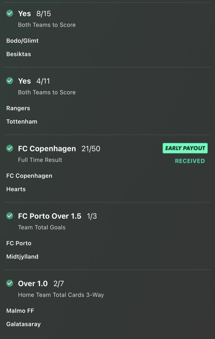 🧹 A CLEAN SWEEP (5 out of 5) tonight. 

✅ Making up an 11/10 BTTS Double [5u] &amp; a 7/5 European Treble [4u]. 

✍🏻 Research adding up for 5 comfortable winners with each Gamestate resembling our chosen market. 

Tomorrow’s tips now Live &amp; a Big Weekend Pending ⤵️