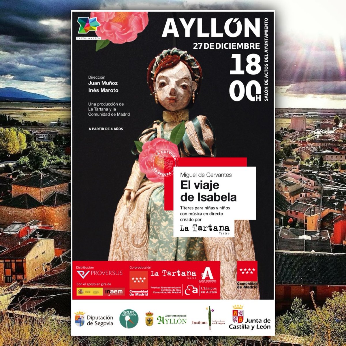 🎭 El viaje de Isabela 🎭

El próximo 27 de diciembre a las 18:00h tendrá lugar en el Salón de Actos del Ayuntamiento de Ayllón la obra de teatro con títeres y música en directo "El viaje de Isabela", a cargo de La Tartana Teatro.

¡No te lo pierdas!

#Ayllon #Cultura #Teatro
