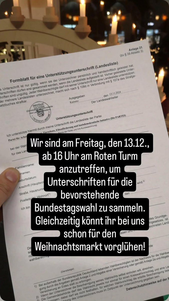 Deine Unterschrift kann morgen persönlich geleistet werden.
Oder weiterhin mittels Anleitung unter: partei-sachsen.de/unterstuetzen-…