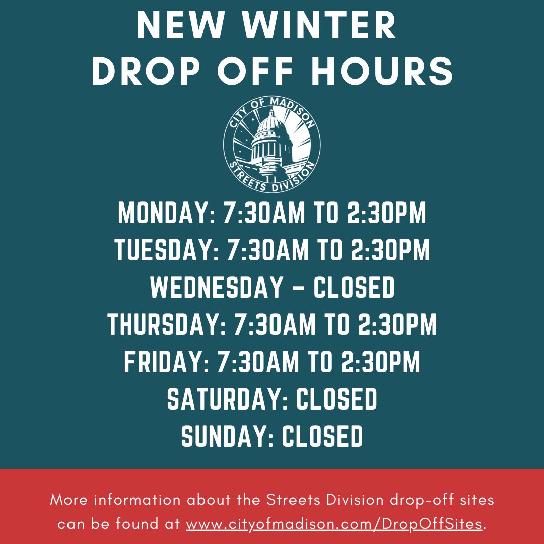 Our Public Works Department friends over in the Streets Division have some updated winter hours. The Streets Division drop-off sites at 4602 Sycamore Avenue and 402 South Point Road are now on winter hours. More details: cityofmadison.com/news/2024-12-1…