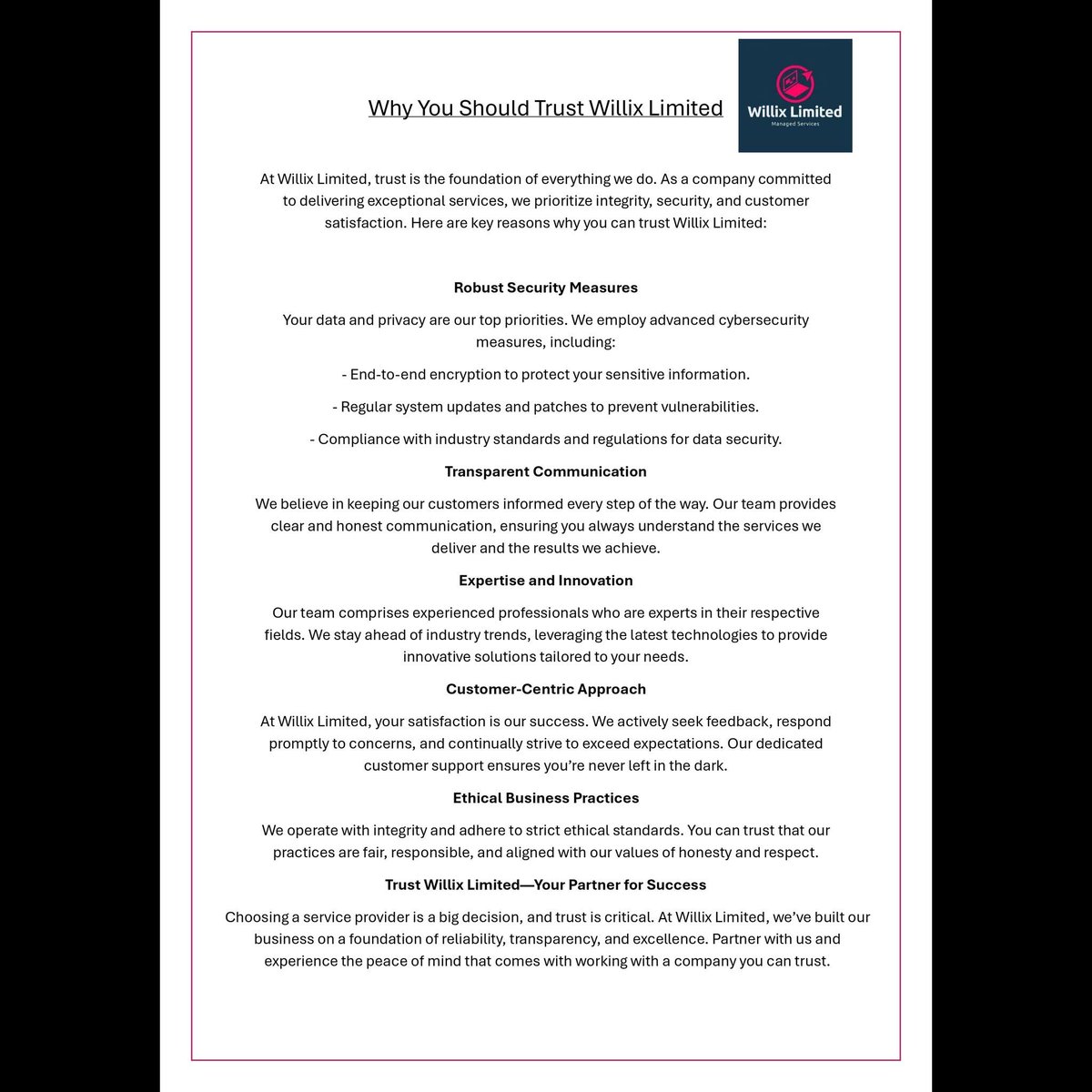 WillixLimited's tweet photo. Choosing a service provider is a big decision, and trust is critical. At Willix Limited, we’ve built our business on a foundation of reliability, transparency, and excellence. Partner with us and experience the peace of mind that comes with working with a company you can trust. https://t.co/Jlqwoi3Edn