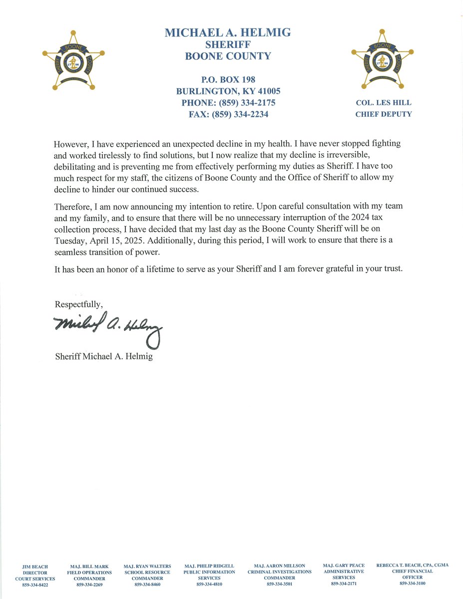 BooneSheriffKY's tweet photo. Sheriff Michael A. Helmig announces his intentions to retire. https://t.co/OfNcO5DL6p