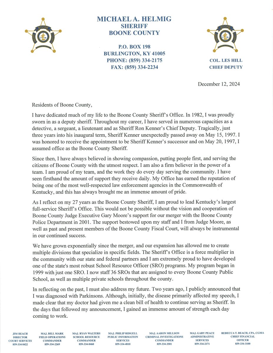 BooneSheriffKY's tweet photo. Sheriff Michael A. Helmig announces his intentions to retire. https://t.co/OfNcO5DL6p