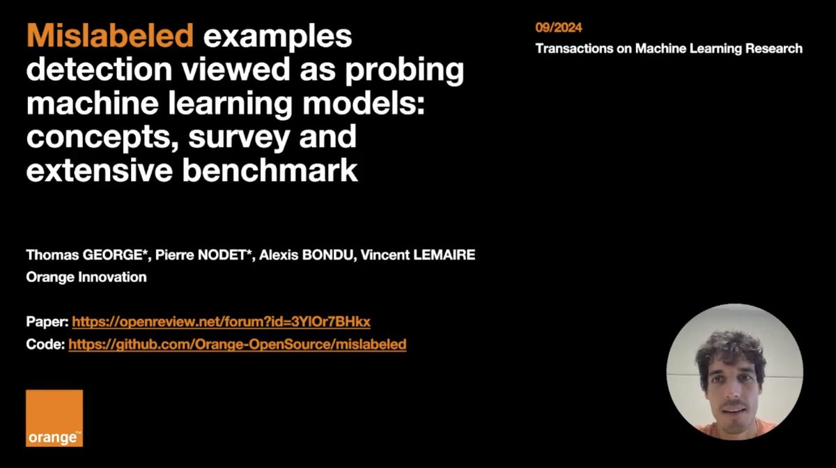 TmlrVideos's tweet image. Mislabeled examples detection viewed as probing machine learning models: concepts, survey and ext...

Thomas George, Pierre Nodet, Alexis Bondu, Vincent Lemaire

tmlr.infinite-conf.org/paper_pages/3Y…

#classifiers #classifier #labeling