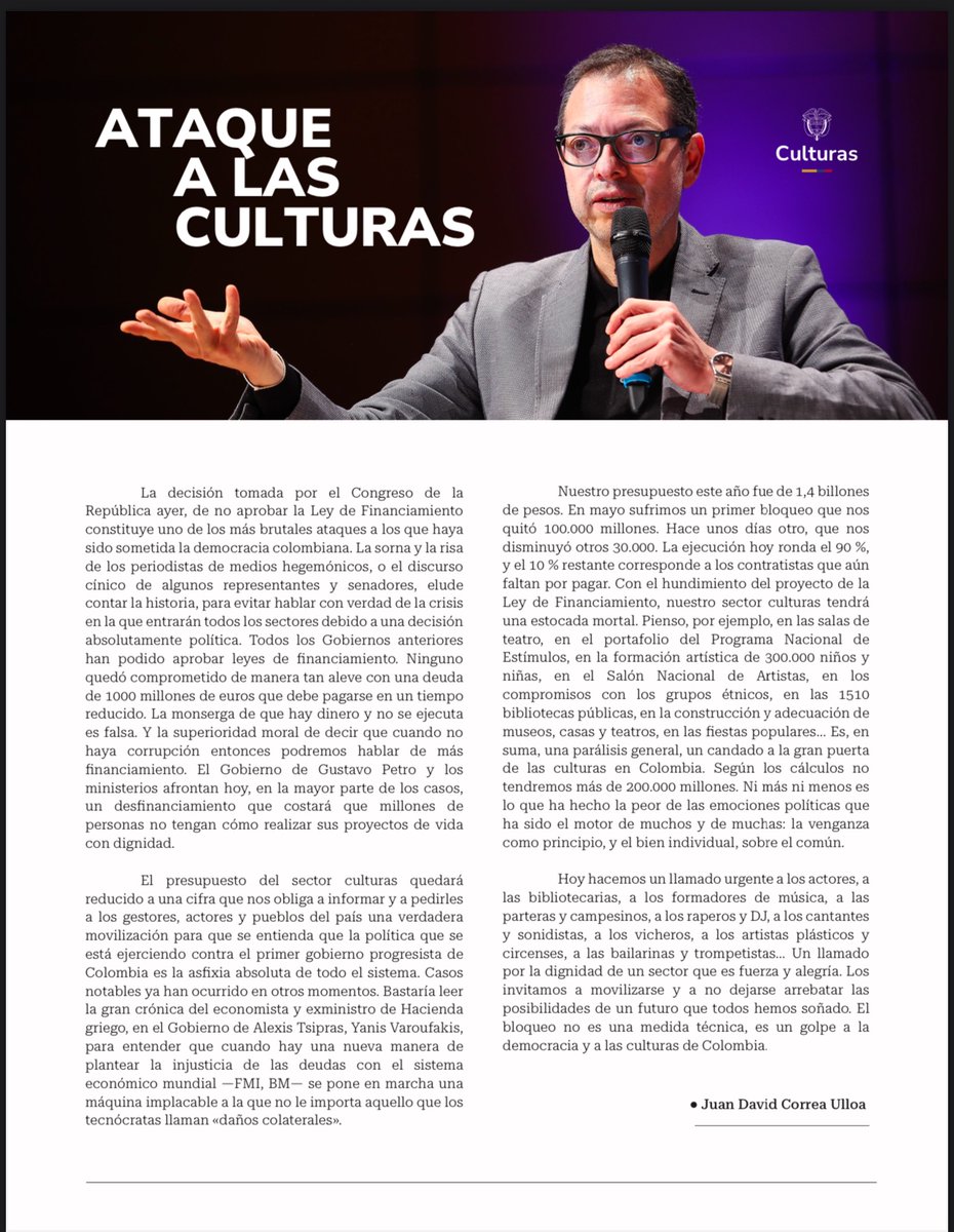 Vengo por aquí a compartir este mensaje de <a href="/jdcorreau/">Juan David Correa</a> sobre la estocada que le están dando desde el Congreso a la Cultura de este país. (Qué bueno un ministro lúcido).
