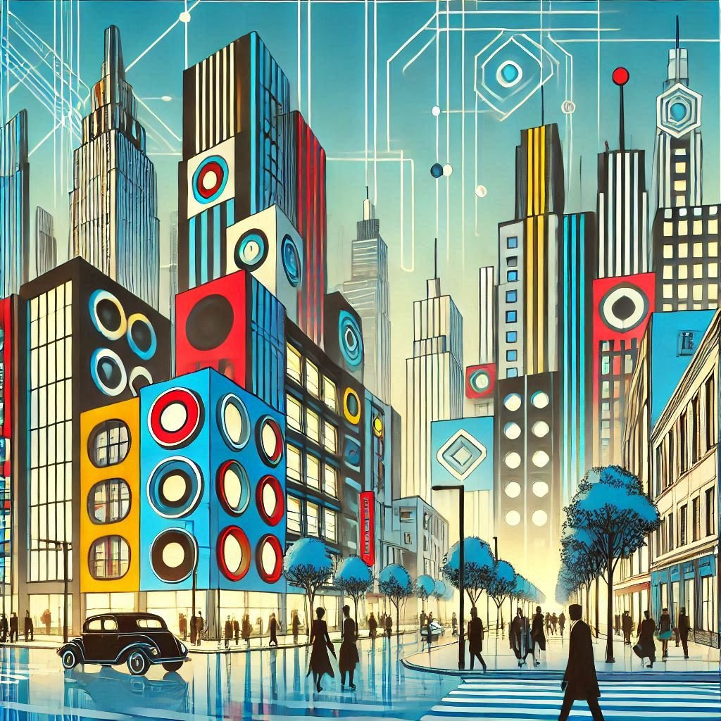 cel67540628's tweet photo. Retro-futuristic cityscape with a Bauhaus aesthetic #aiart #aiartwork #ArtisticAI #aiartcommunity #aiartworks #ai #art #generativeart https://t.co/dVOq25qm6M