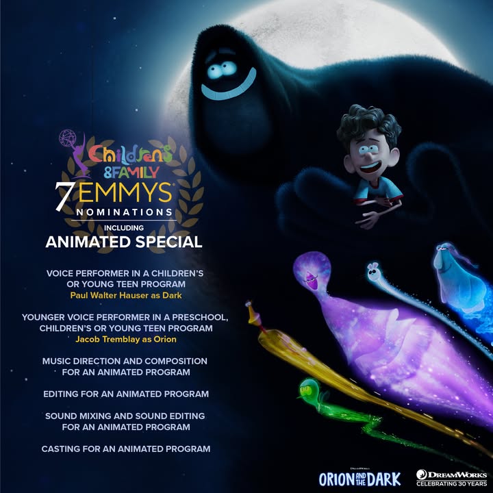 Dreamworks's tweet image. Congratulations to the cast and crew of our 11 Children's and Family Emmy® nominations, including #OrionAndTheDark, #Curses, #JurassicWorld #ChaosTheory, and #FrightKrewe! #ChildrensEmmys