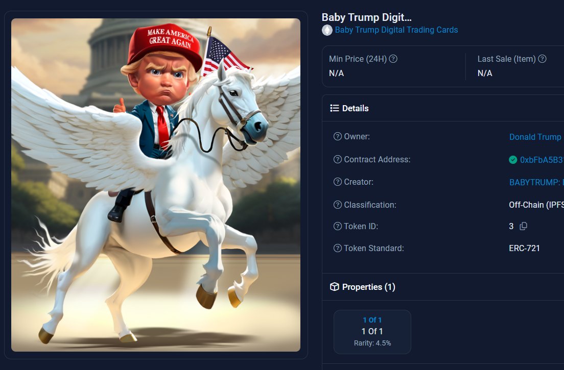 🔥 Trump is now holding the first 5 BABYTRUMP NFTs in his personal Ethereum wallet - including this AMAZING 1-of-1! 👀

Hand-drawn by the same artist team behind his iconic Digital Trading Cards, this collection is pure presidential gold. 🇺🇸✨

Mint yours now:
👉