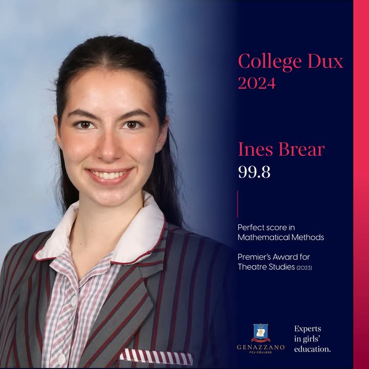 Congratulations to Ines Brear, the Dux of Genazzano FCJ College for 2024, with an extraordinary ATAR of 99.8. ✨

We are incredibly proud of her remarkable achievements and wish her every success in the future. 

#GirlsEducation #Melbourne #Schoolgirls #Kew #Motivation