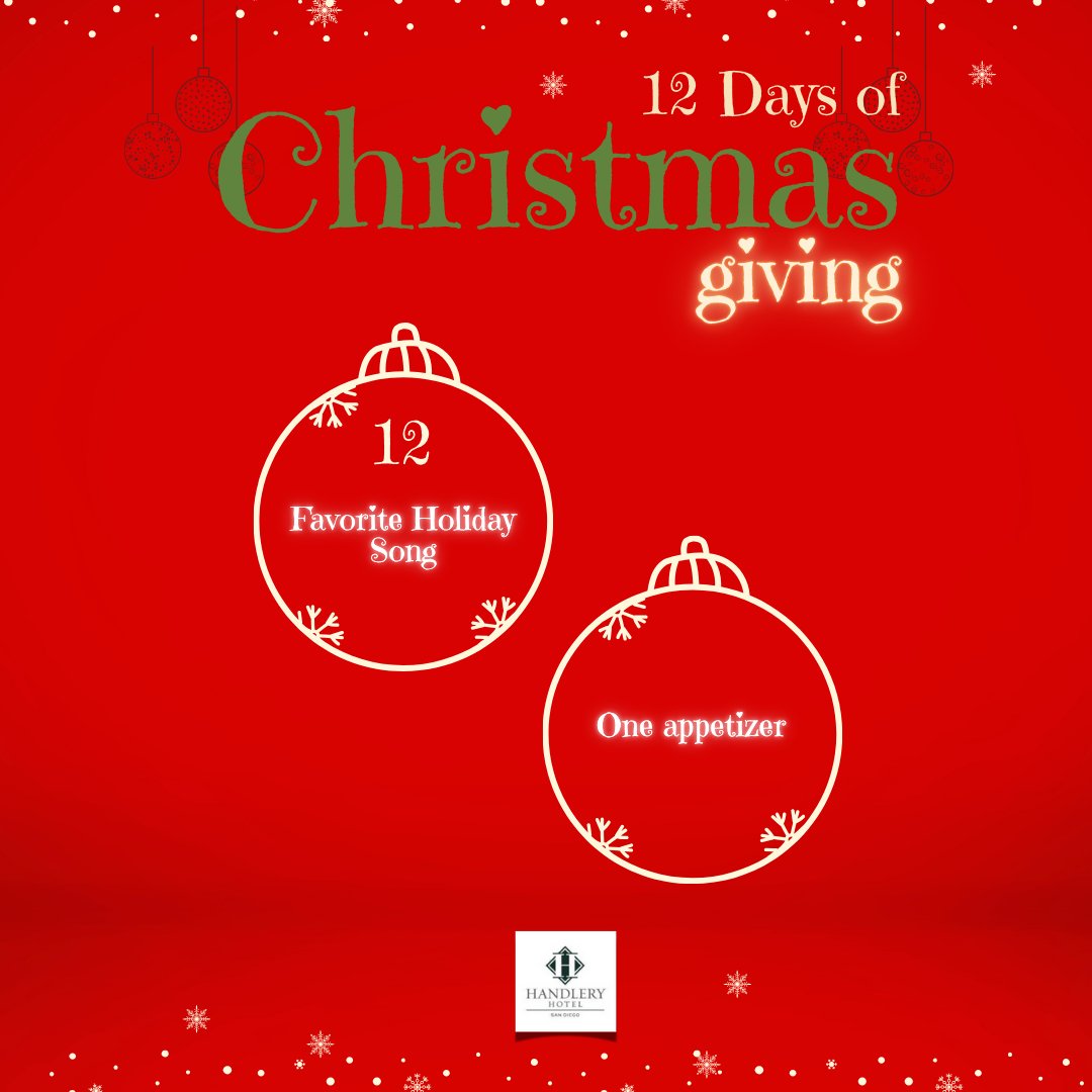 HandlerySD's tweet photo. On the 12th Day of Christmas, Handlery gave to me....ONE Appetizer!

What's your favorite Holiday Song?

Post your response in the comment field, a winner will be selected by noon tomorrow. We will update this post with the selected winner.🤩

Its that easy! Just like and respond for a chance to win! Watch as we announce new daily contests for our 12 Days of Giving!

https://t.co/kDK4QVTlnQ
https://t.co/4vDuyTU1Kz
#giving #Contest #holiday